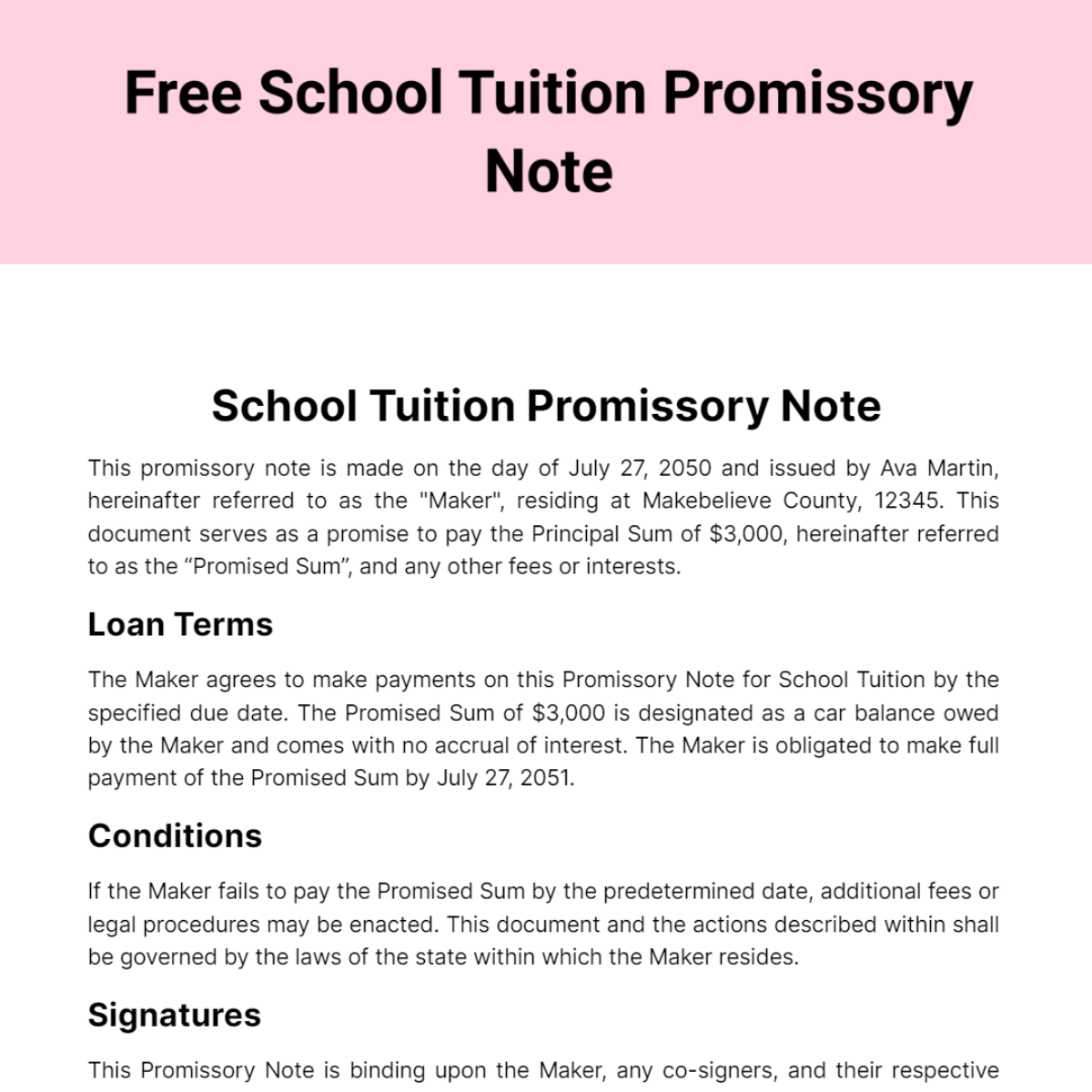 School Tuition Promissory Note Template