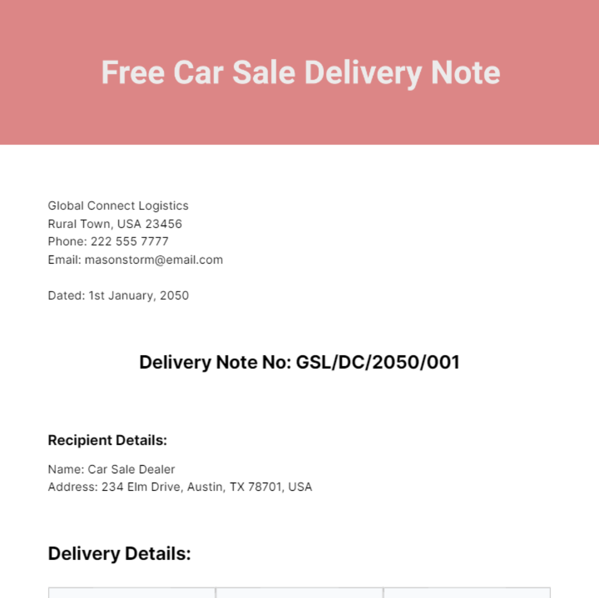 Free Car Sale Delivery Note Template