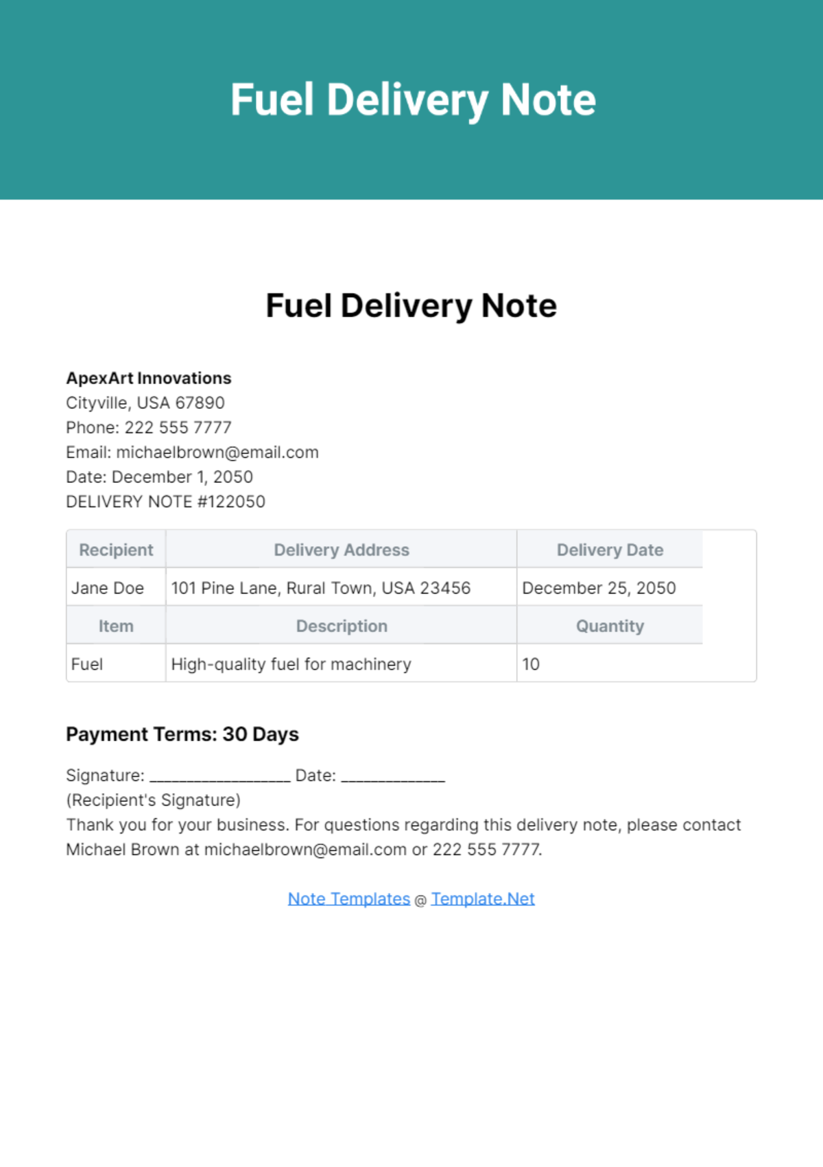 Fuel Delivery Note Template - Edit Online & Download