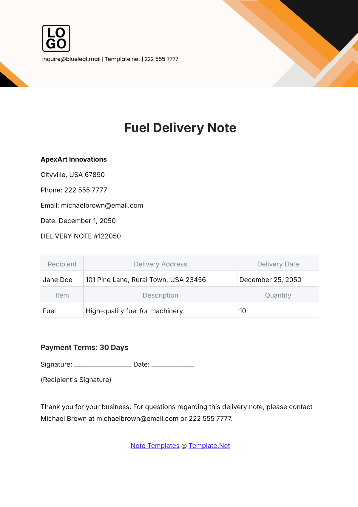 Free Fuel Delivery Note Template