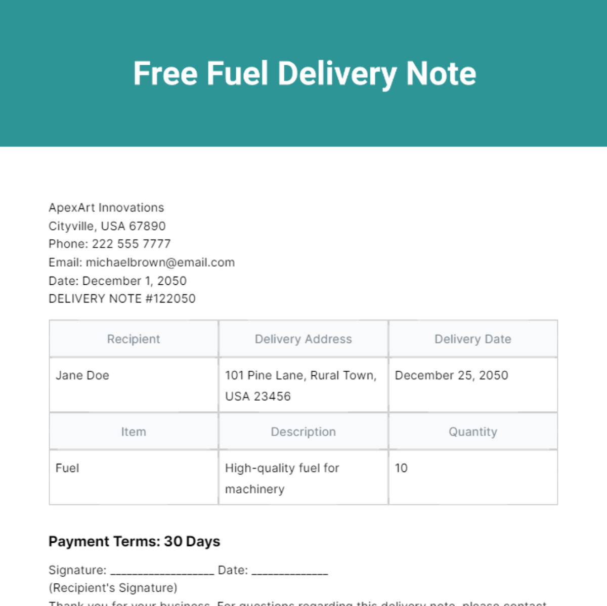 Free Fuel Delivery Note Template