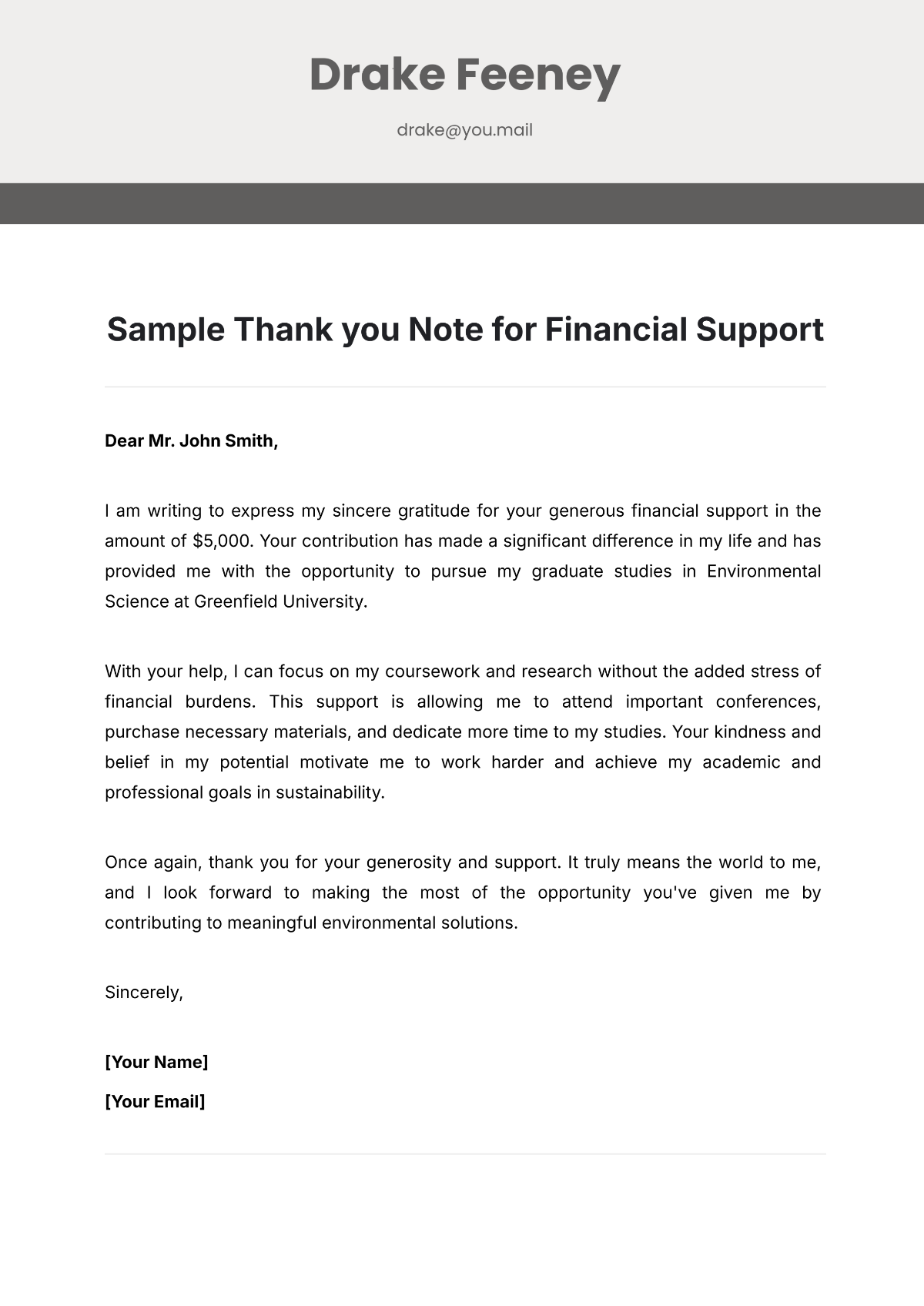 Sample Thank you Note for Financial Support Template - Edit Online & Download