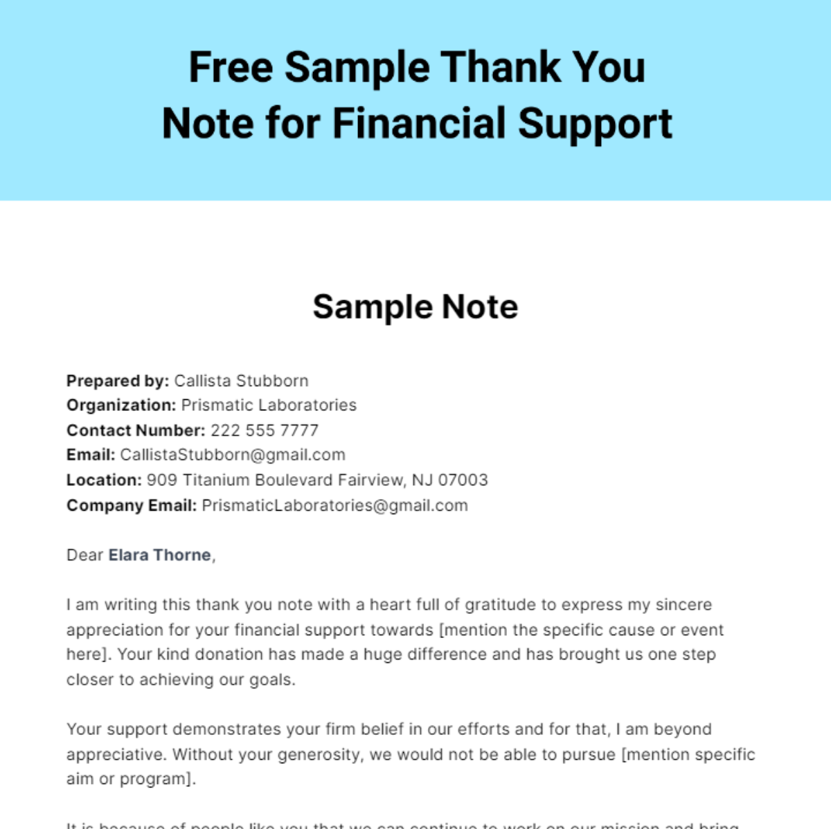 Free Sample Thank you Note for Financial Support Template