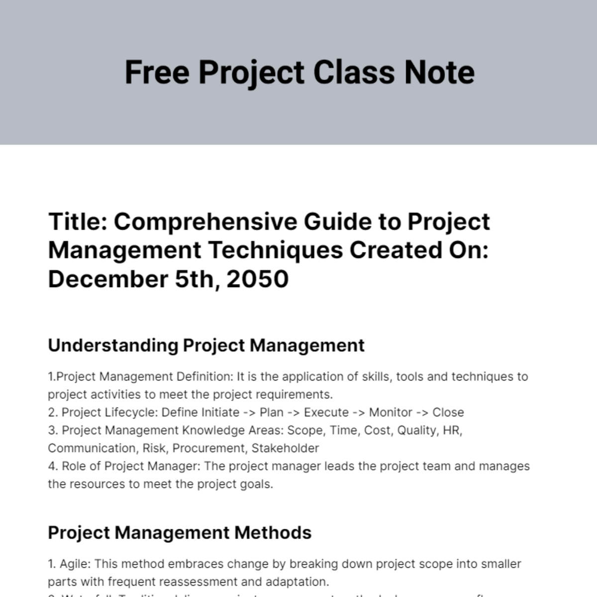 Free Project Class Note Template