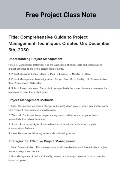 Free Project Class Note Template to Edit Online