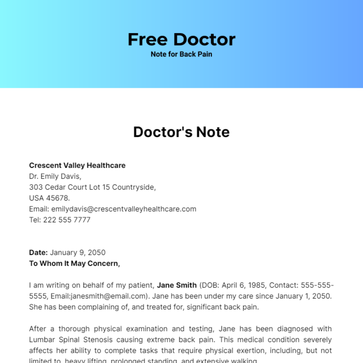 Doctor Note For Back Pain Template