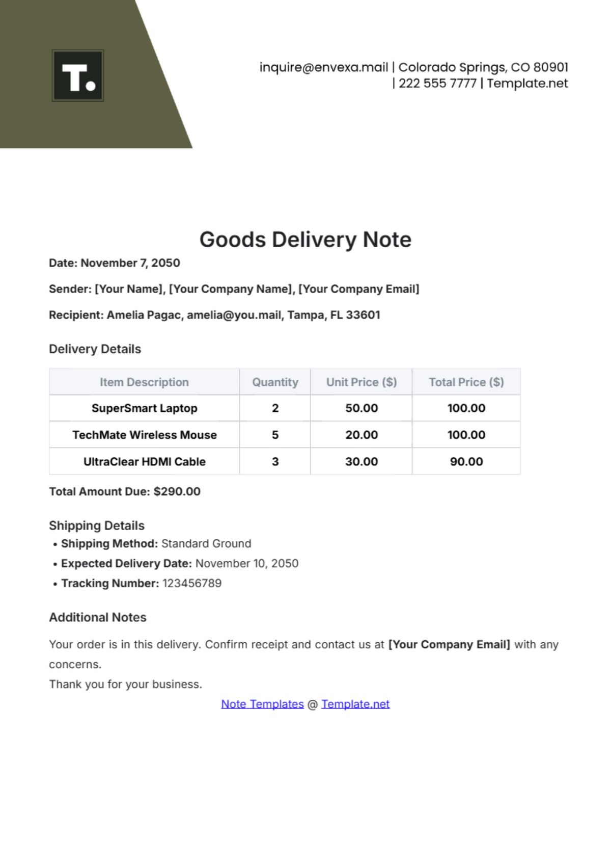 Free Goods Delivery Note Template