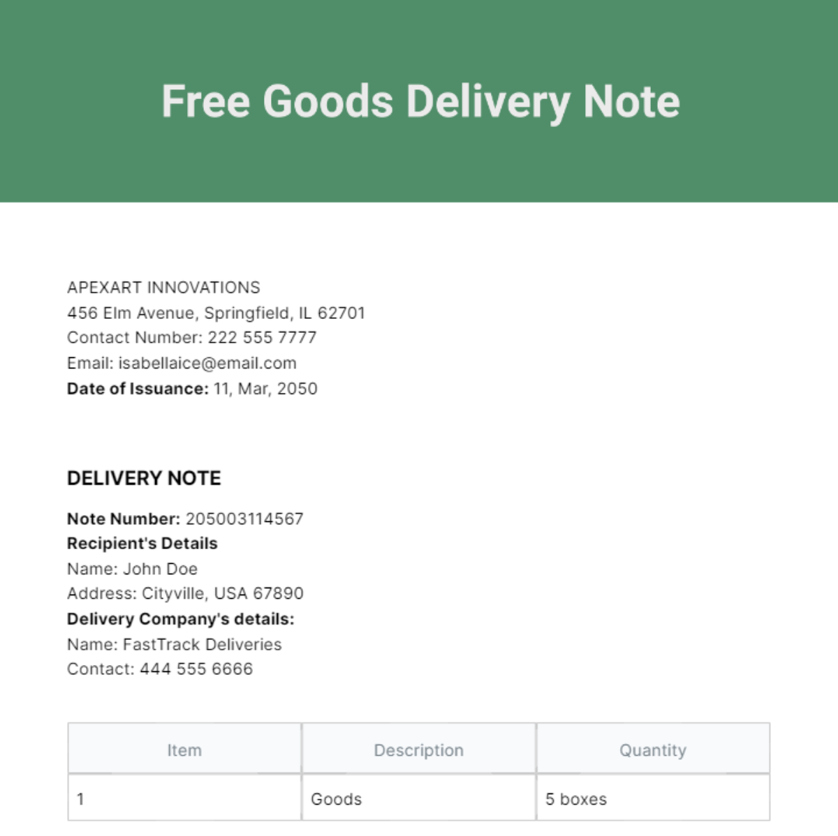 Free Goods Delivery Note Template