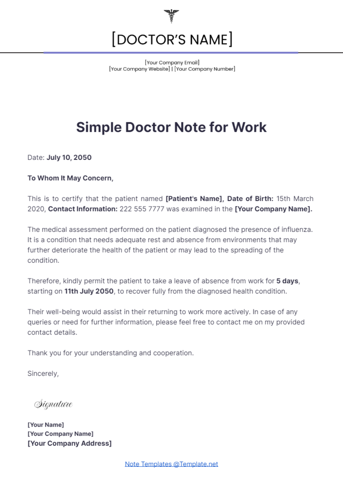 Free Simple Doctor Note For Work Template