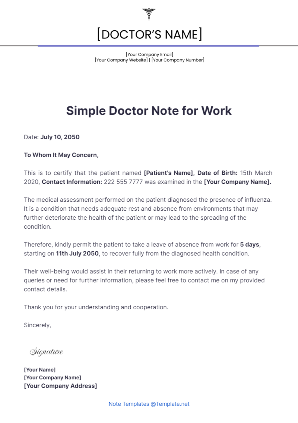 Simple Doctor Note For Work Template - Edit Online & Download