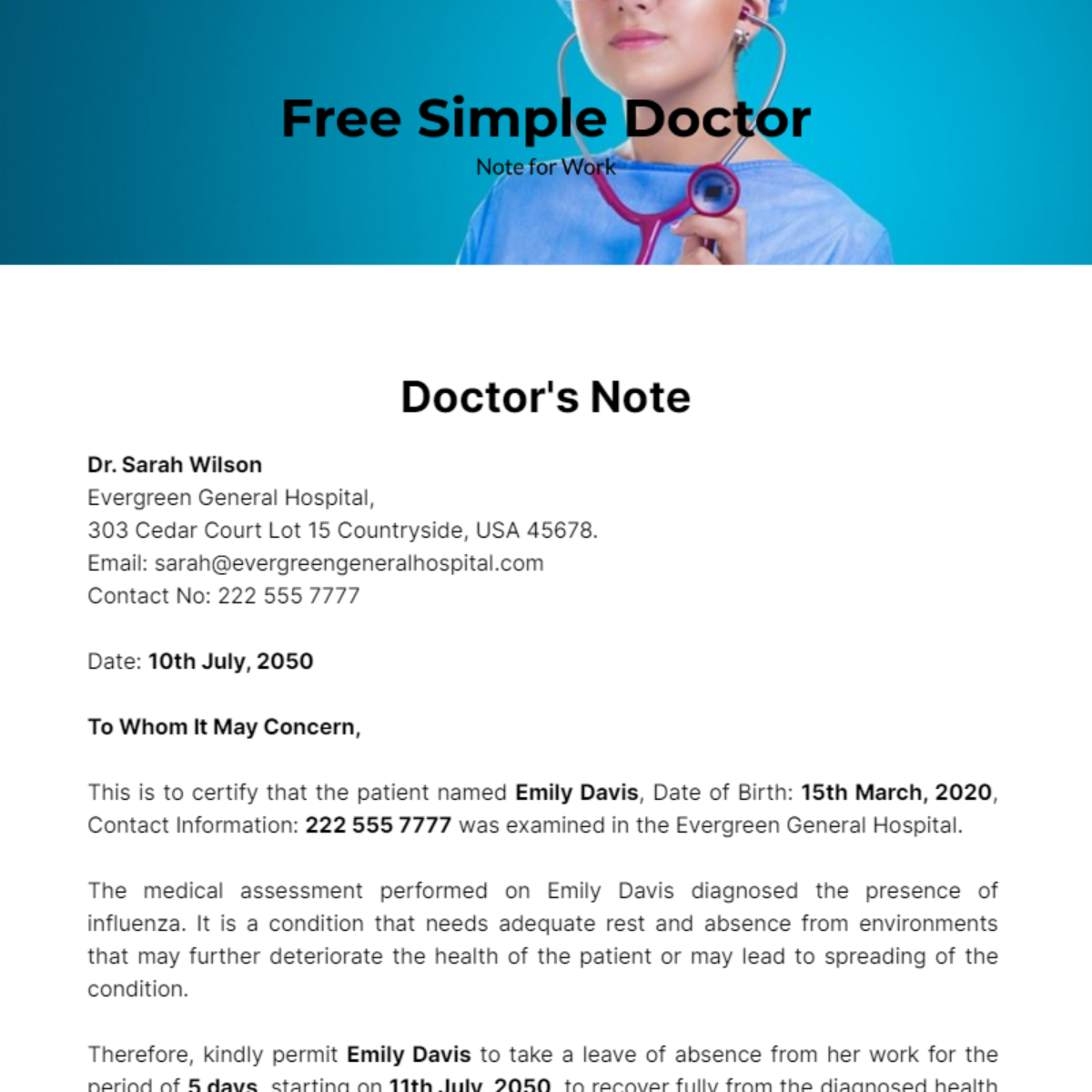 Simple Doctor Note For Work Template