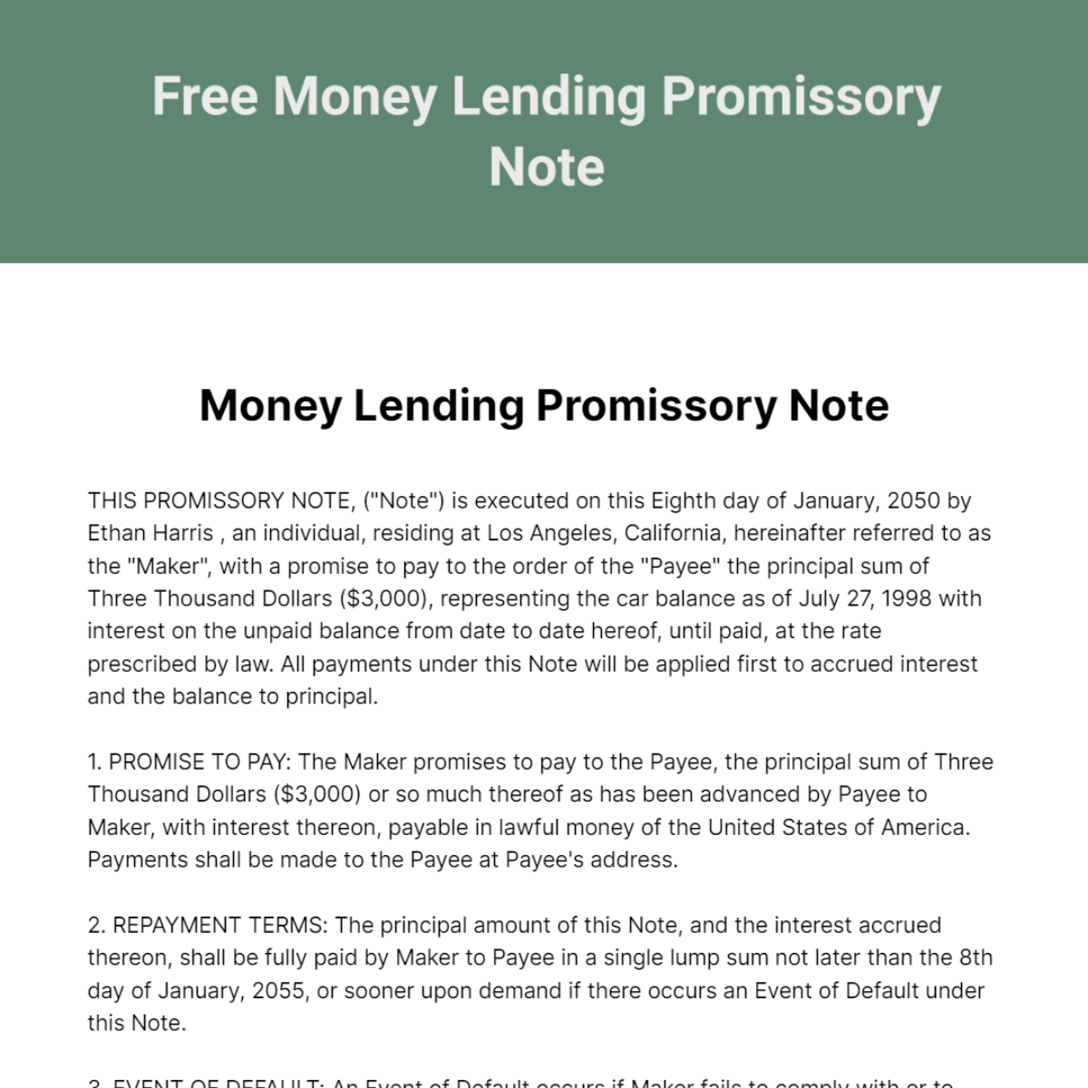 Money Lending Promissory Note Template