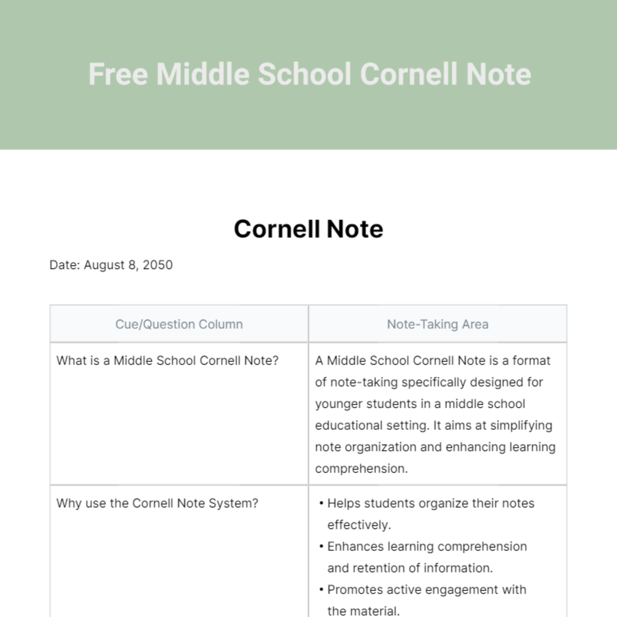 Free Middle School Cornell Note Template