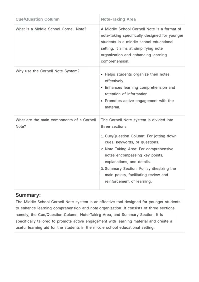 Free Middle School Cornell Note Template to Edit Online