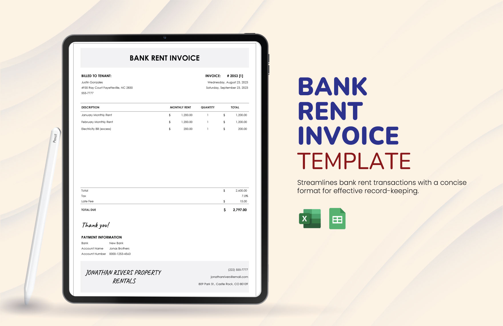 Bank Rent Invoice Template in Excel, Google Sheets