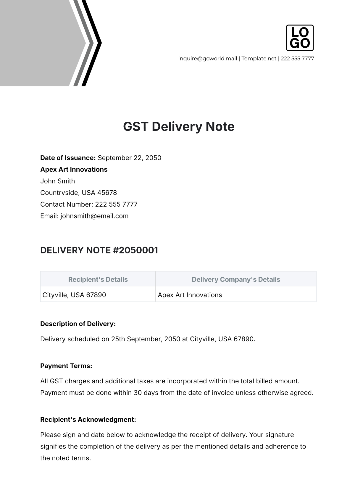 Free GST Delivery Note Template