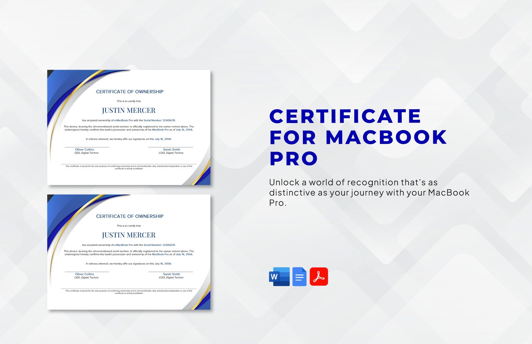 Certificate for Macbook Pro Template