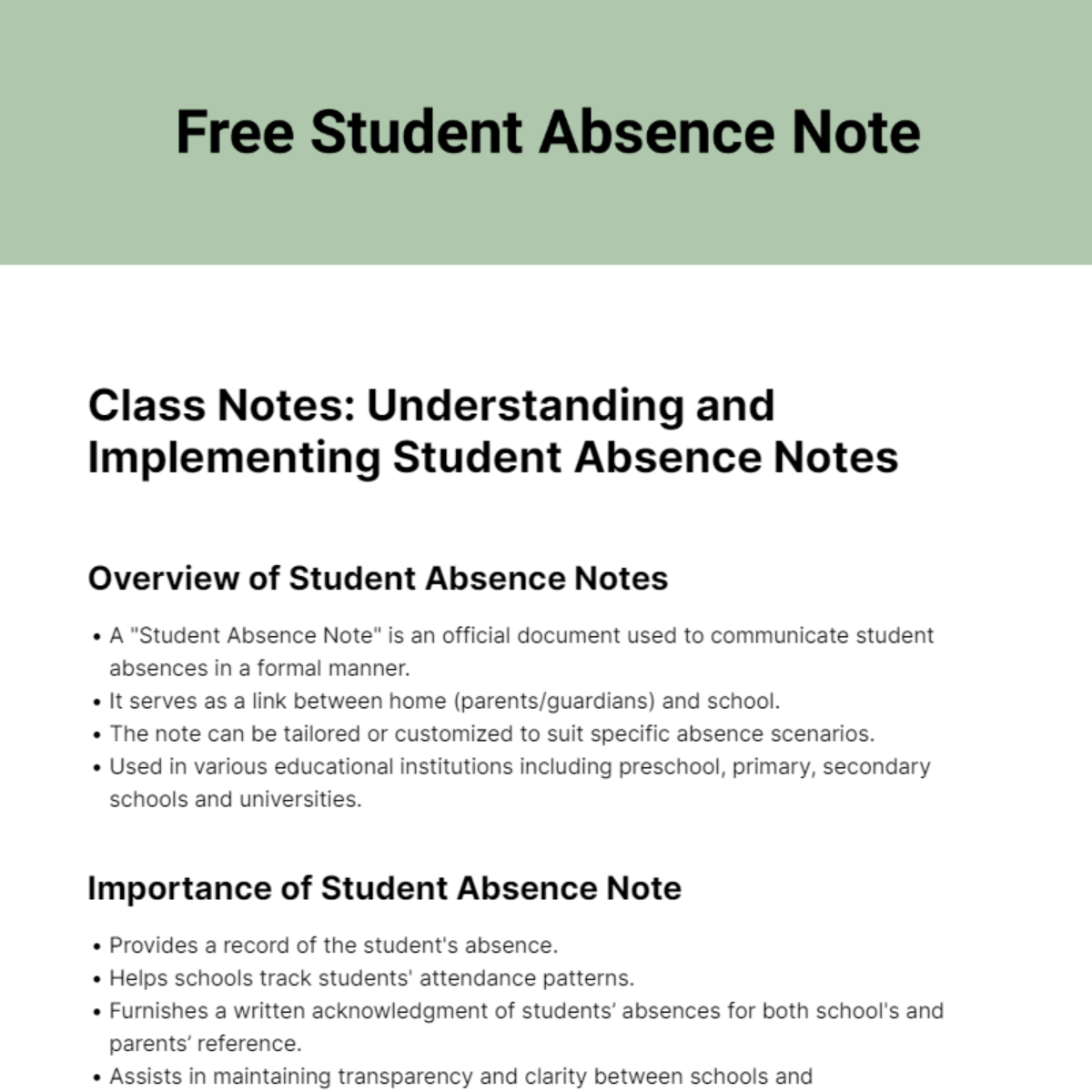 Free Student Absence Note Template