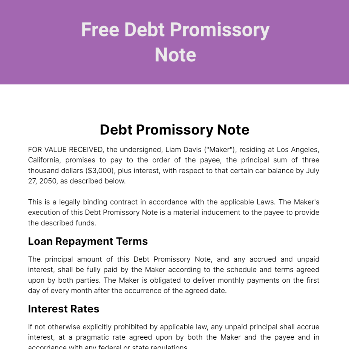 Debt Promissory Note Template