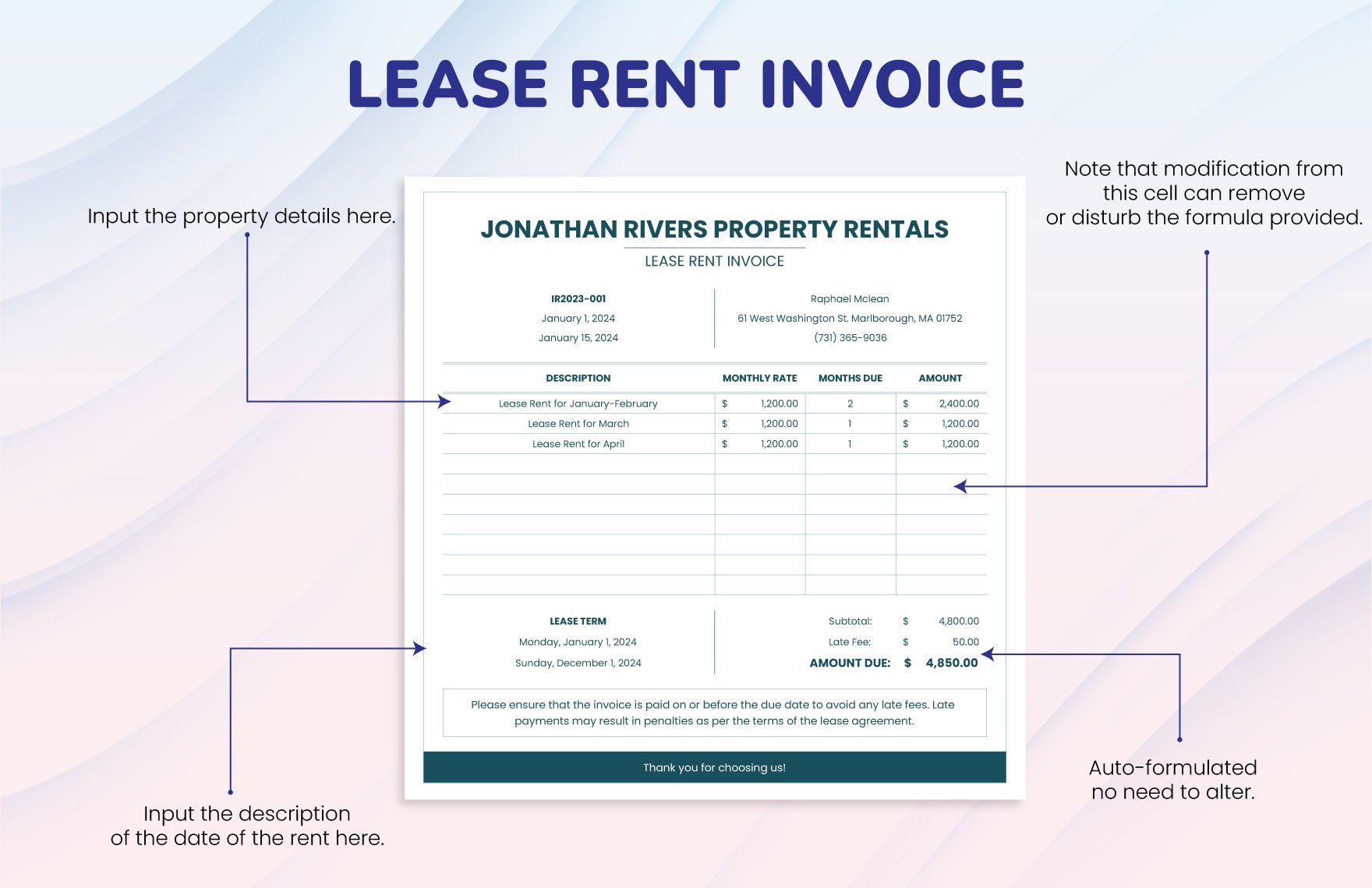 Lease Rent Invoice Template