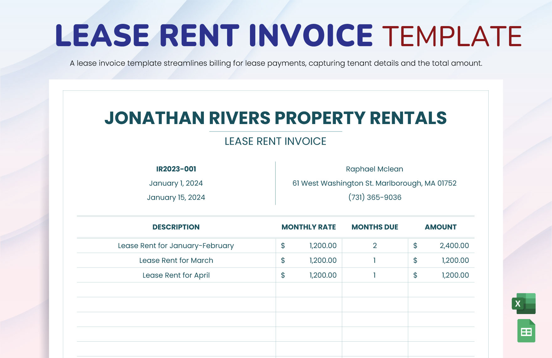 Lease Rent Invoice Template in Excel, Google Sheets