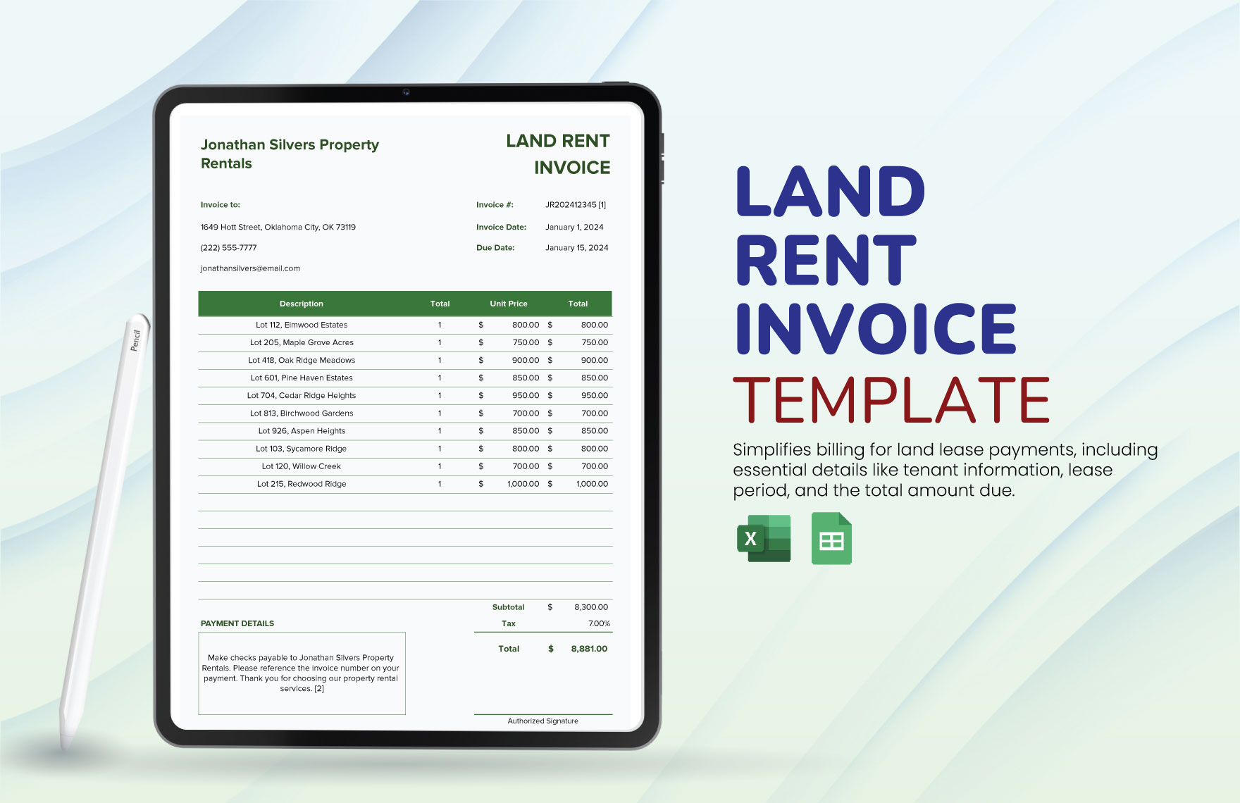 Land Rent Invoice Template in Google Sheets, Excel - Download | Template.net