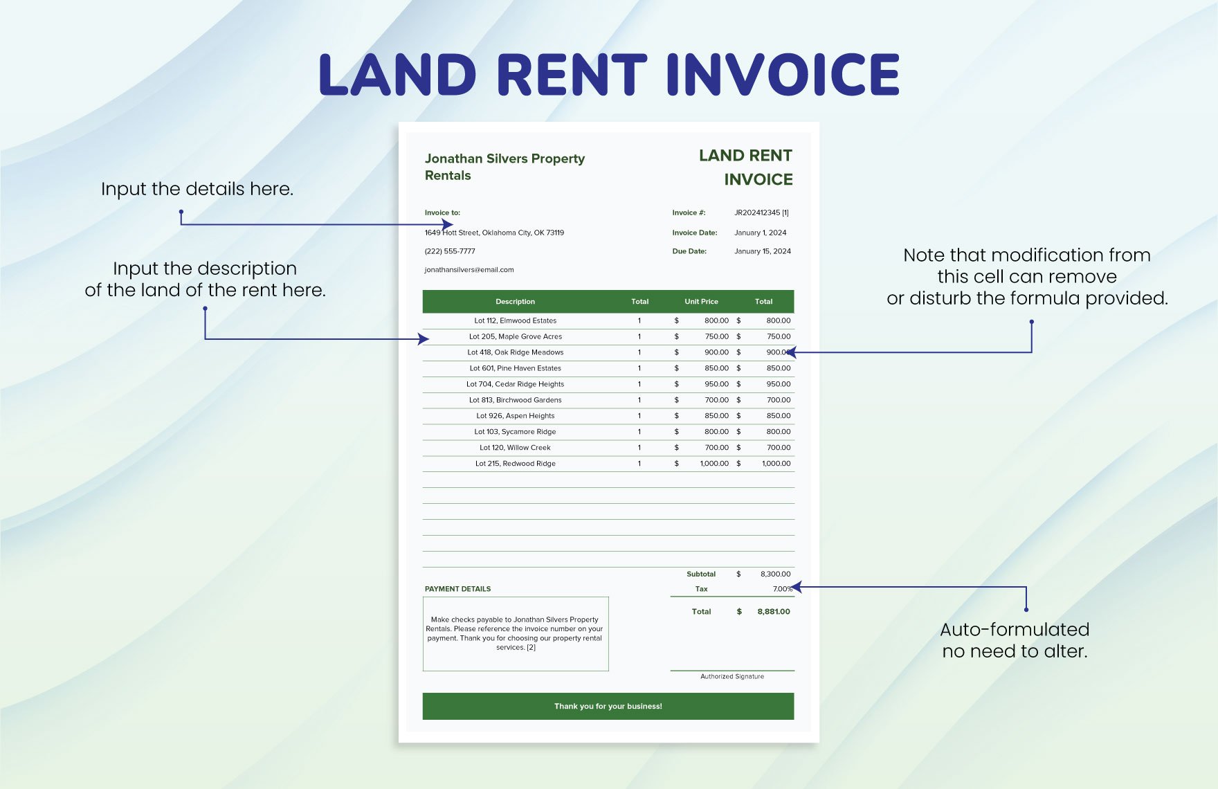 Land Rent Invoice Template