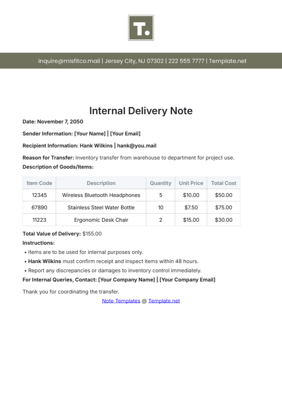 Free Internal Delivery Note Template