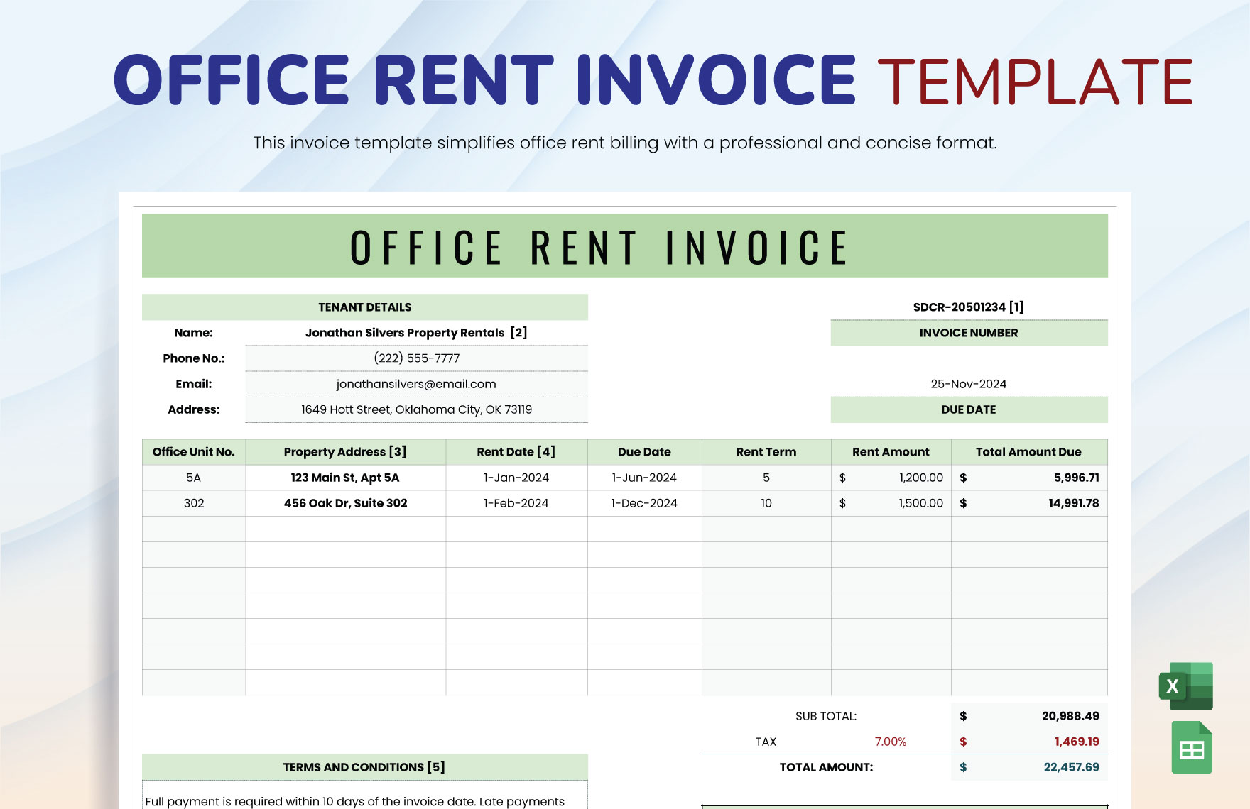 Office Rent Invoice Template in Excel, Google Sheets