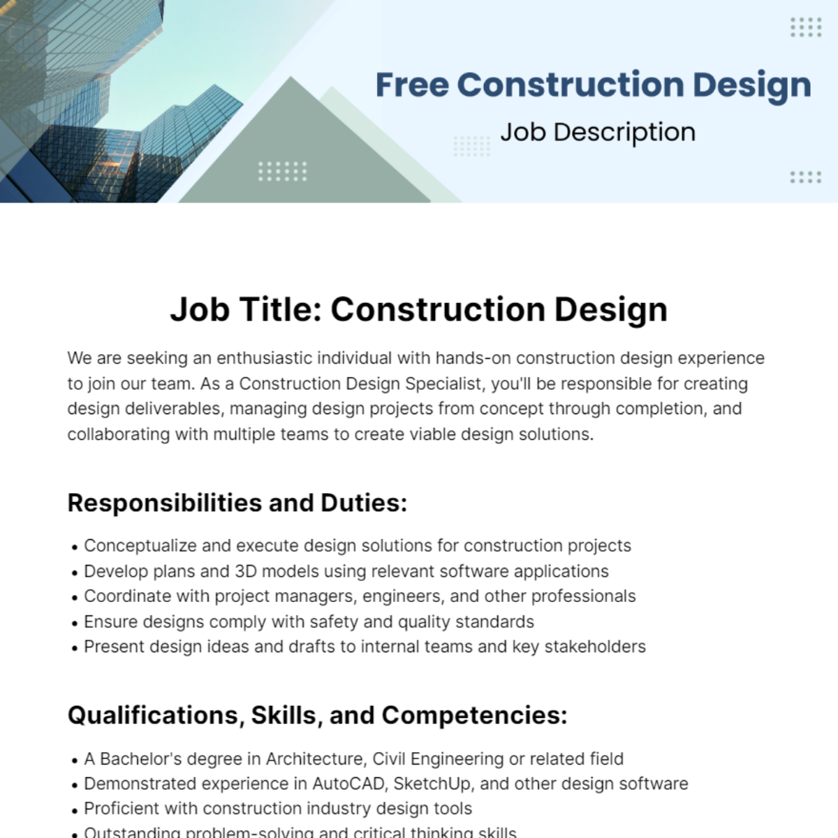 Free Construction Design Job Description Template