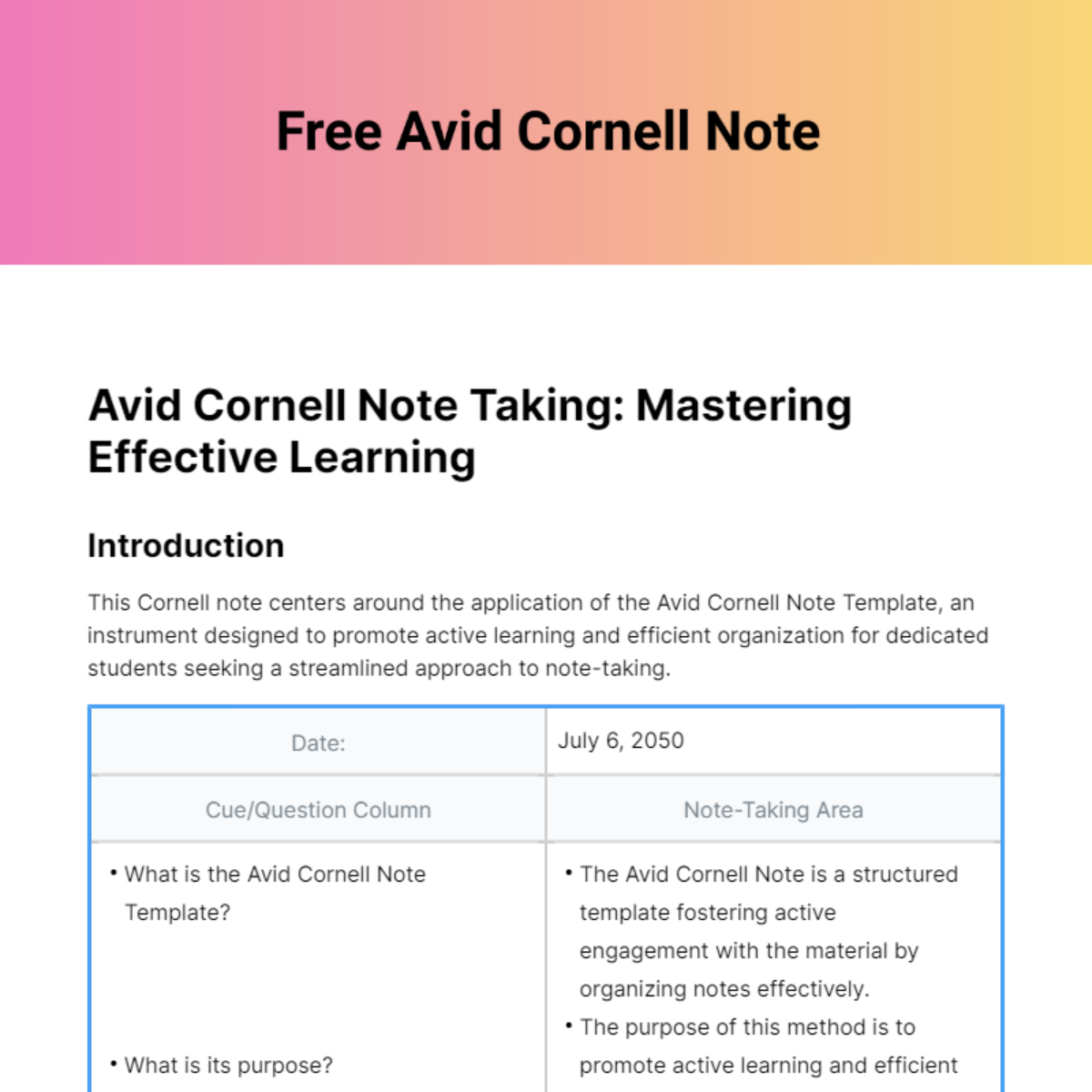 Free Avid Cornell Note Template