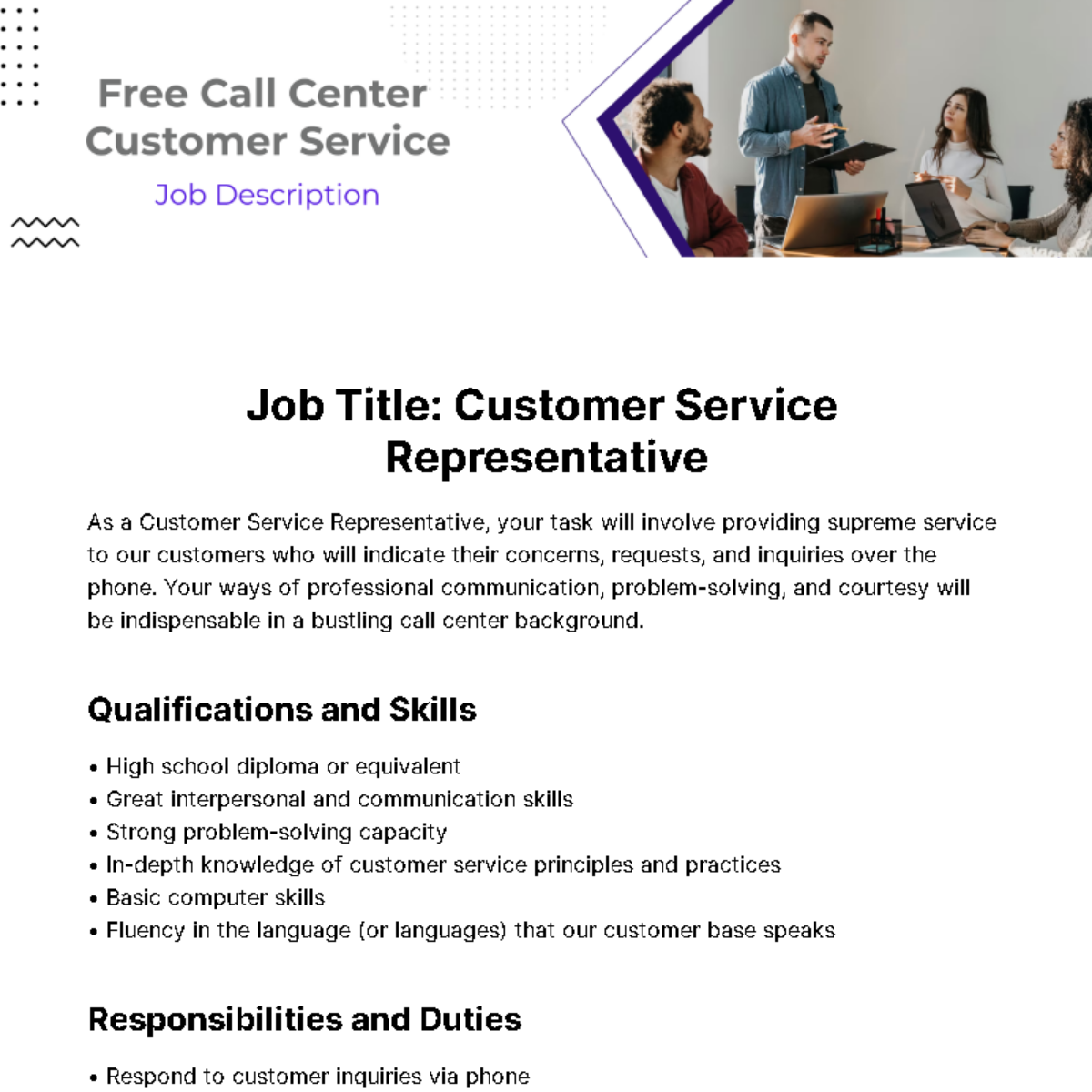 Free Call Center Customer Service Job Description Template