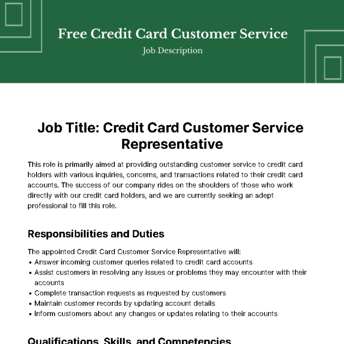 Free Credit Card Customer Service Job Description Template