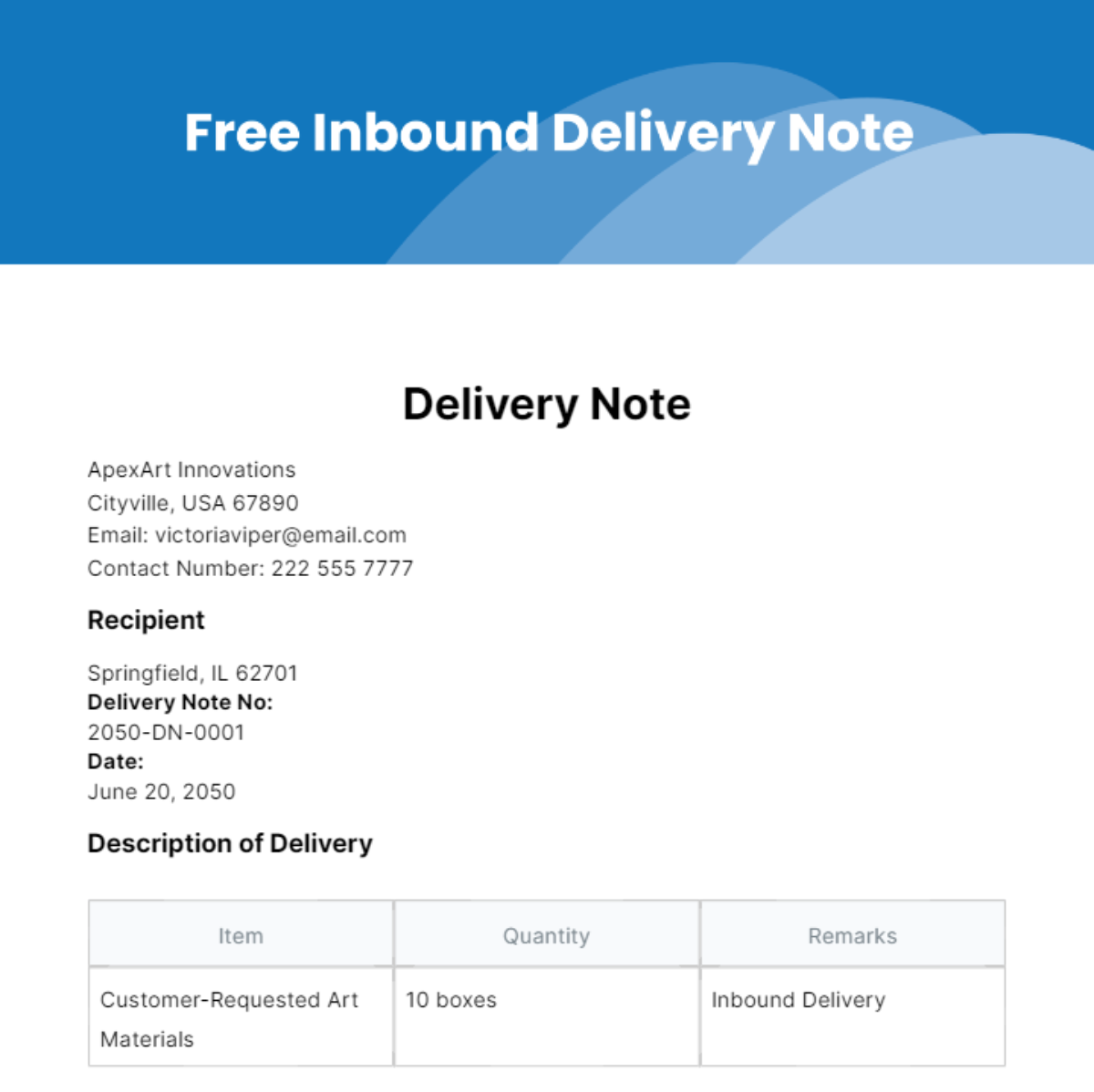 Free Inbound Delivery Note Template
