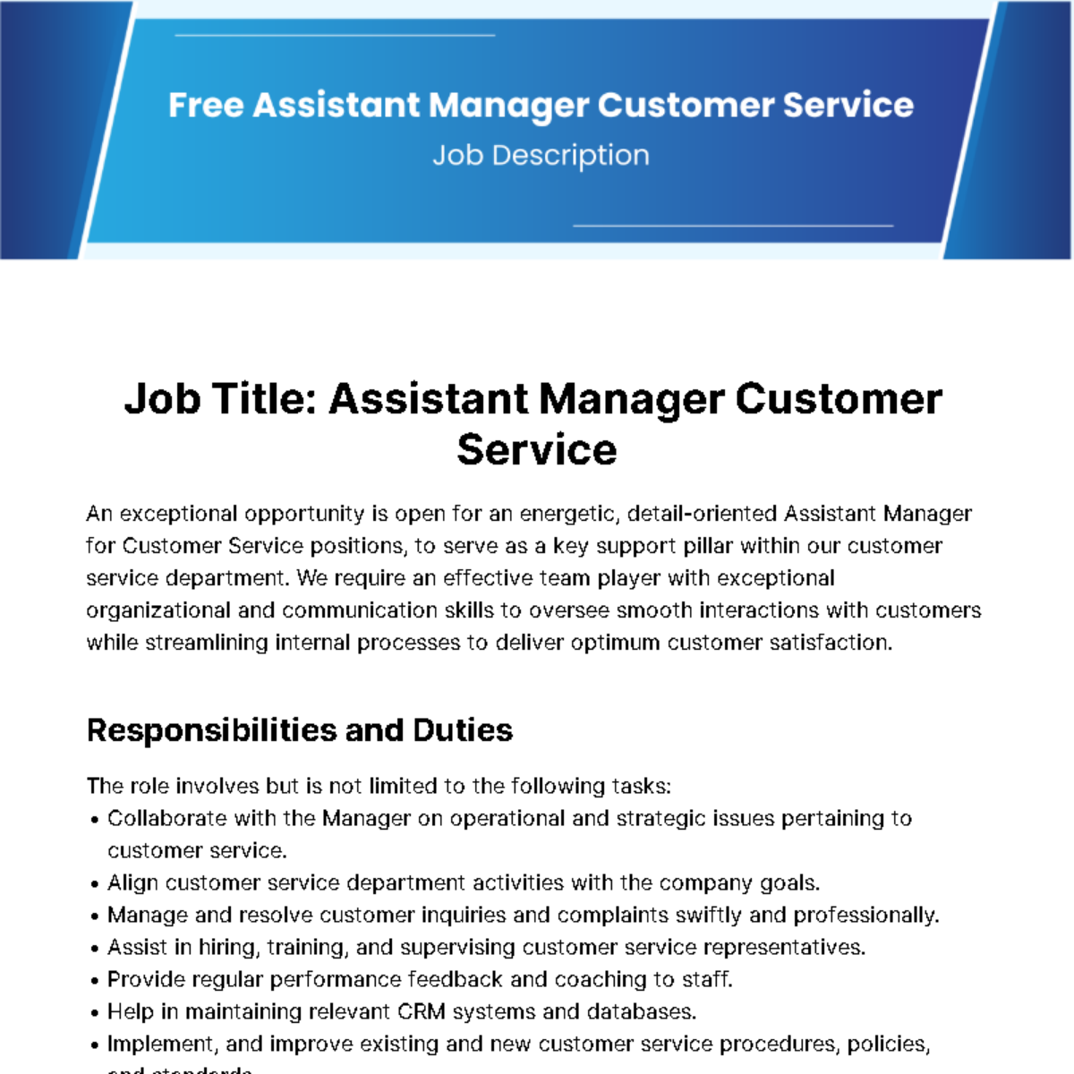 Free Assistant Manager Customer Service Job Description Template