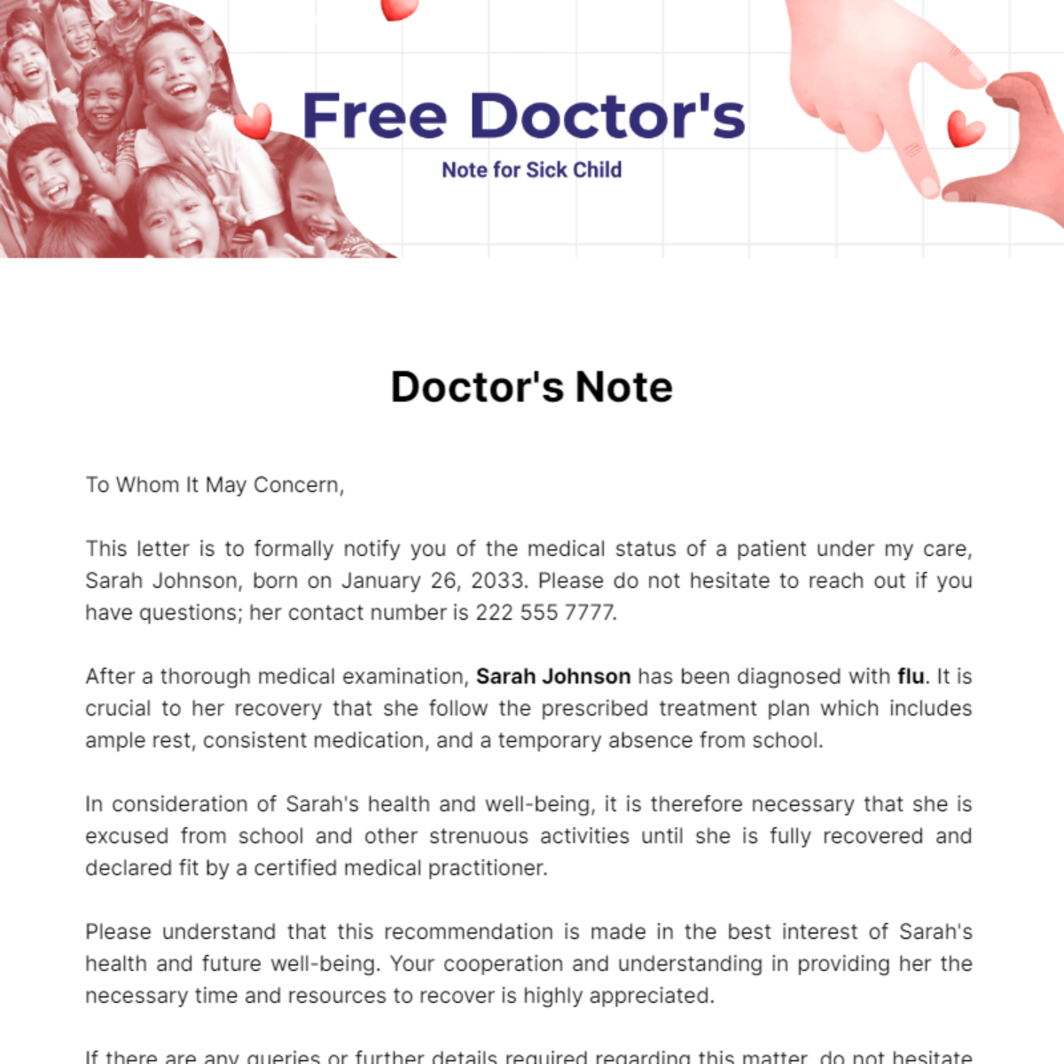 Doctor's Note For Sick Child Template