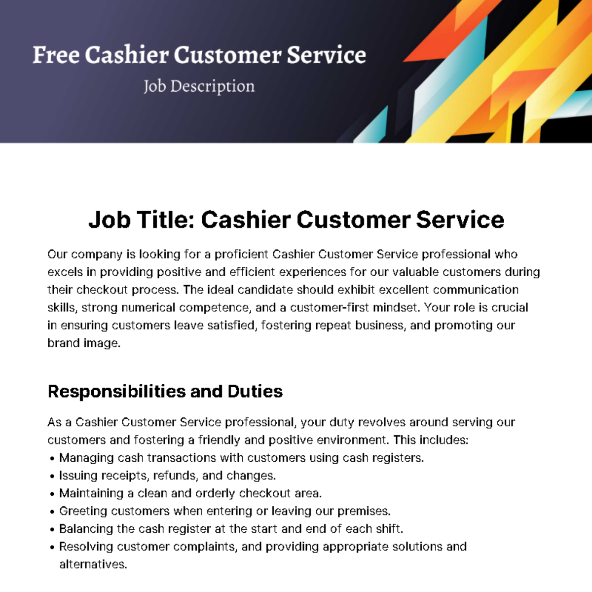 Free Cashier Customer Service Job Description Template