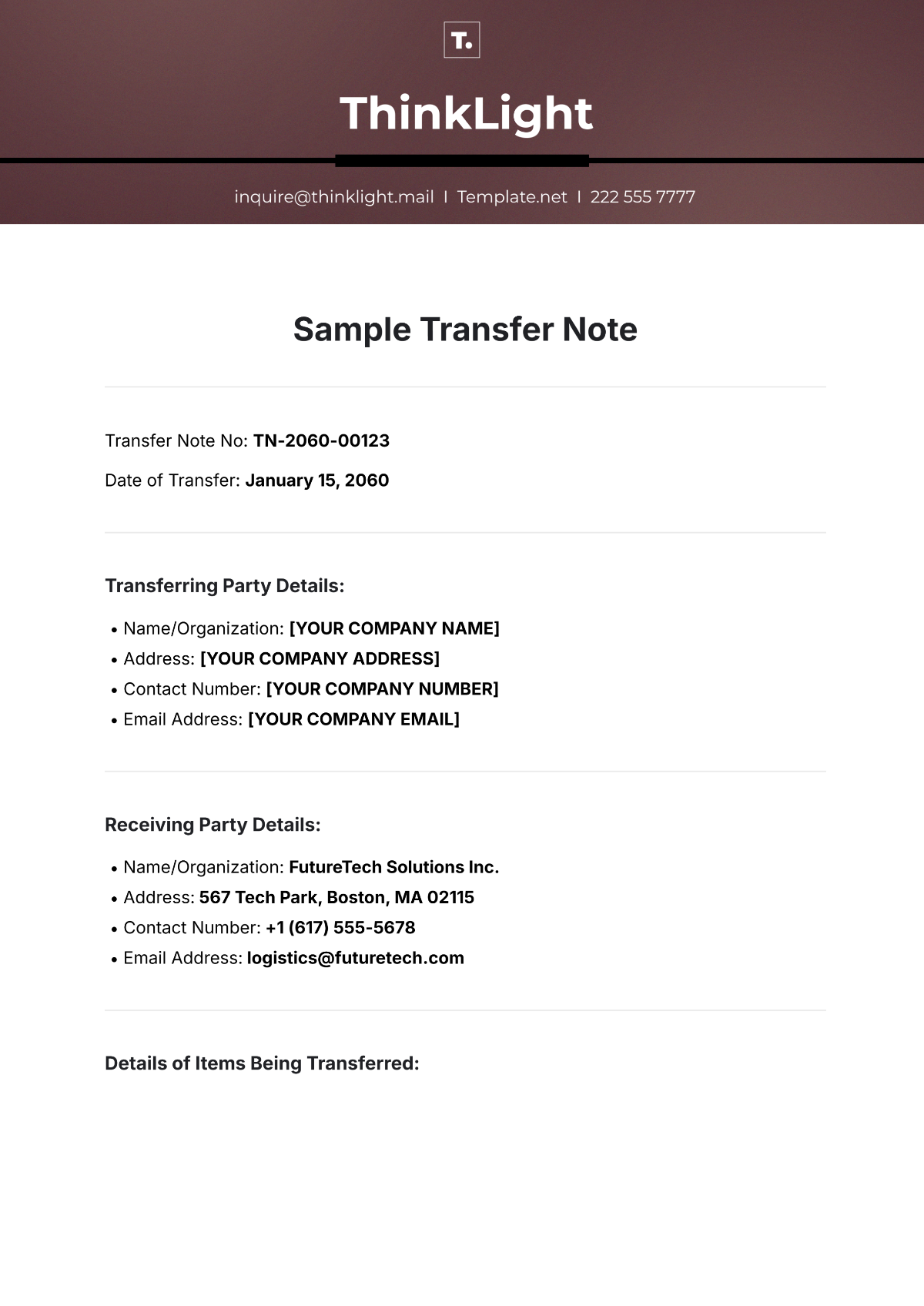 Sample Transfer Note Template - Edit Online & Download