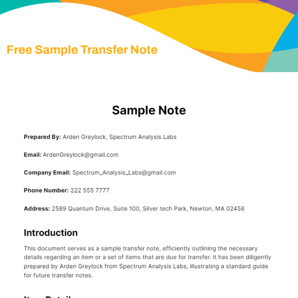 Sample Transfer Note Template
