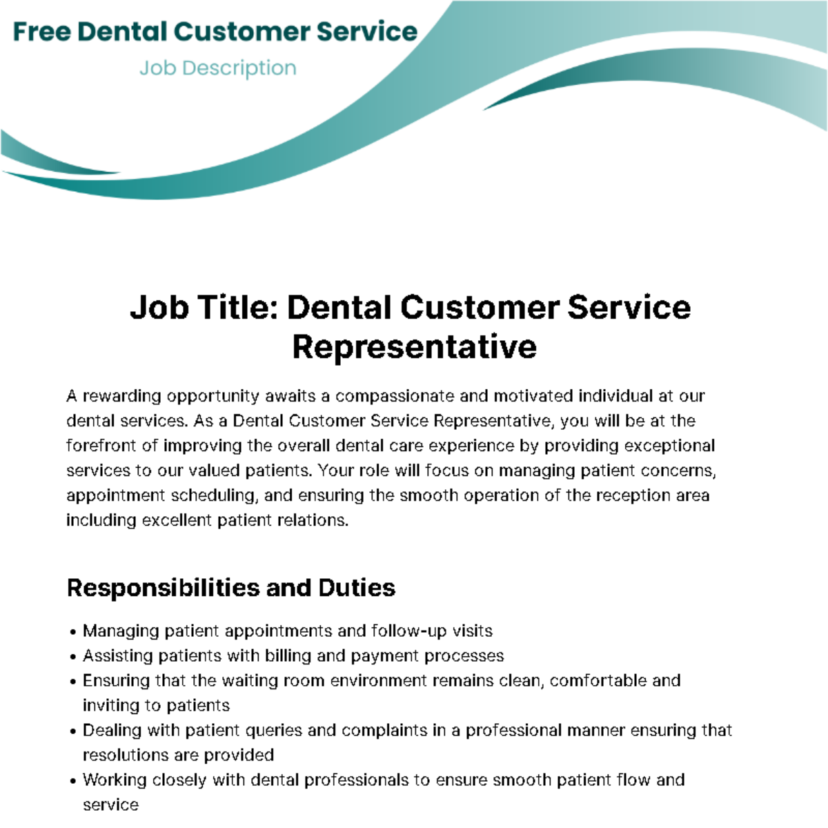 Free Dental Customer Service Job Description Template