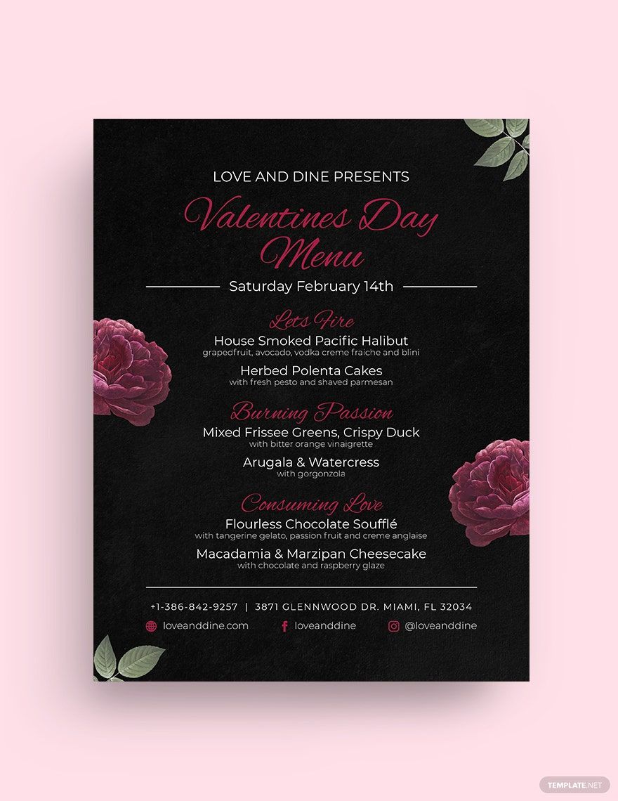 Valentines Day Menu Flyer Template in Word, Google Docs, Illustrator, PSD, Apple Pages, Publisher, InDesign, Outlook
