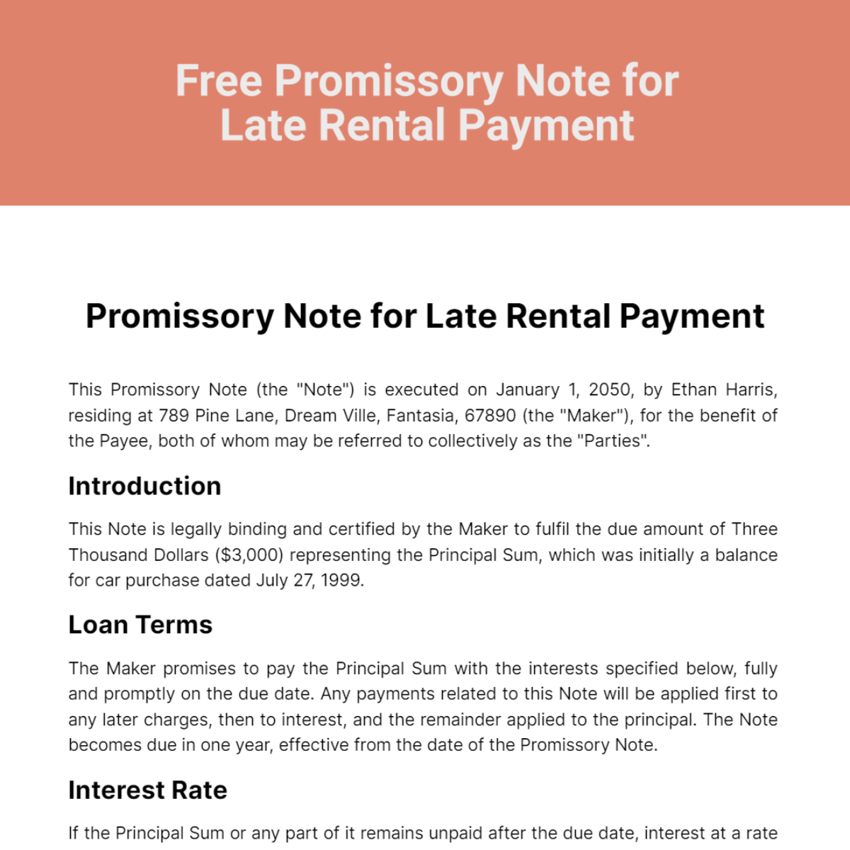 Promissory Note for Late Rental Payment Template