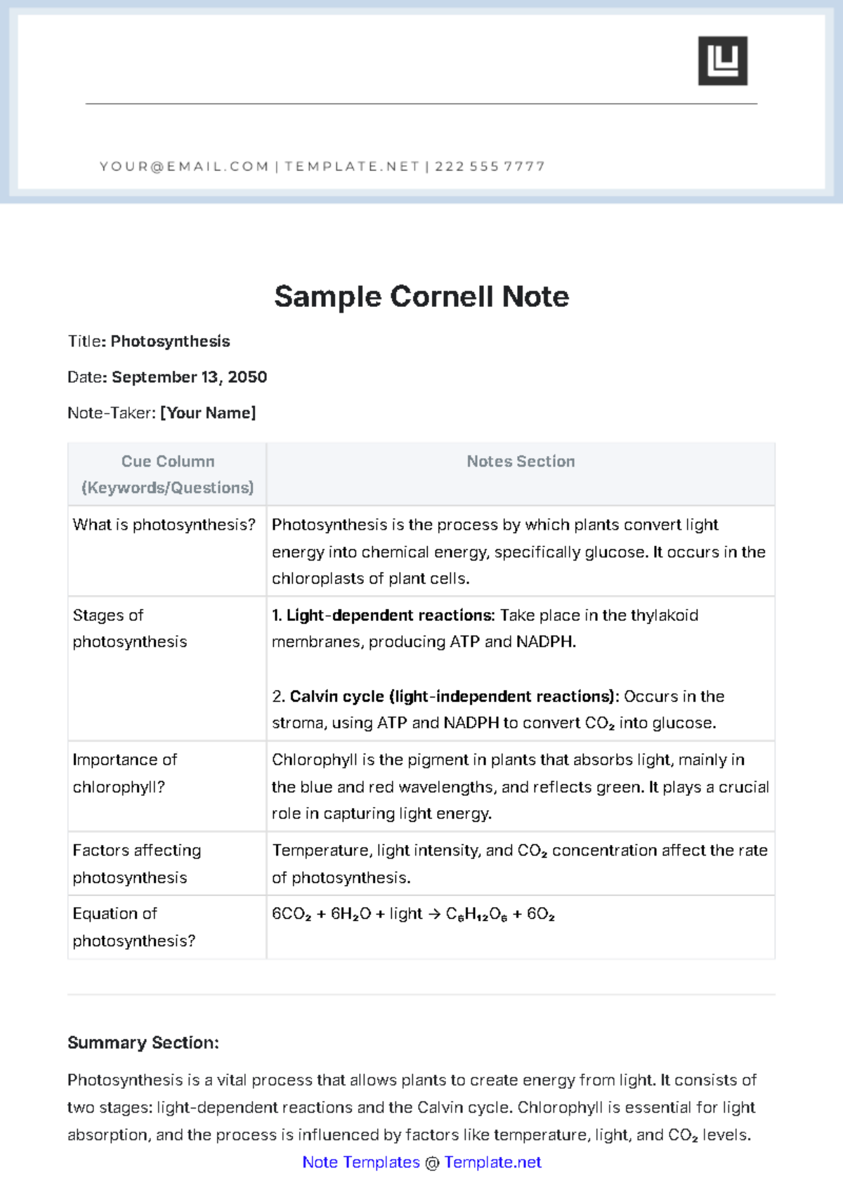 Sample Cornell Note Template - Edit Online & Download