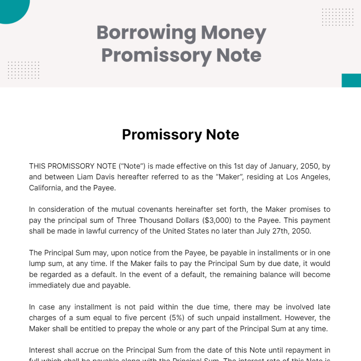 Borrowing Money Promissory Note Template