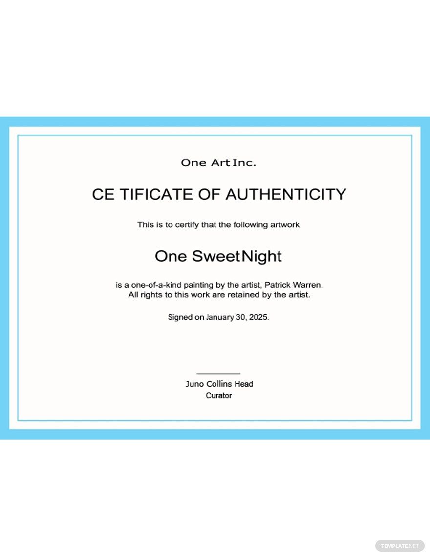 Artwork Authenticity Certificate Template