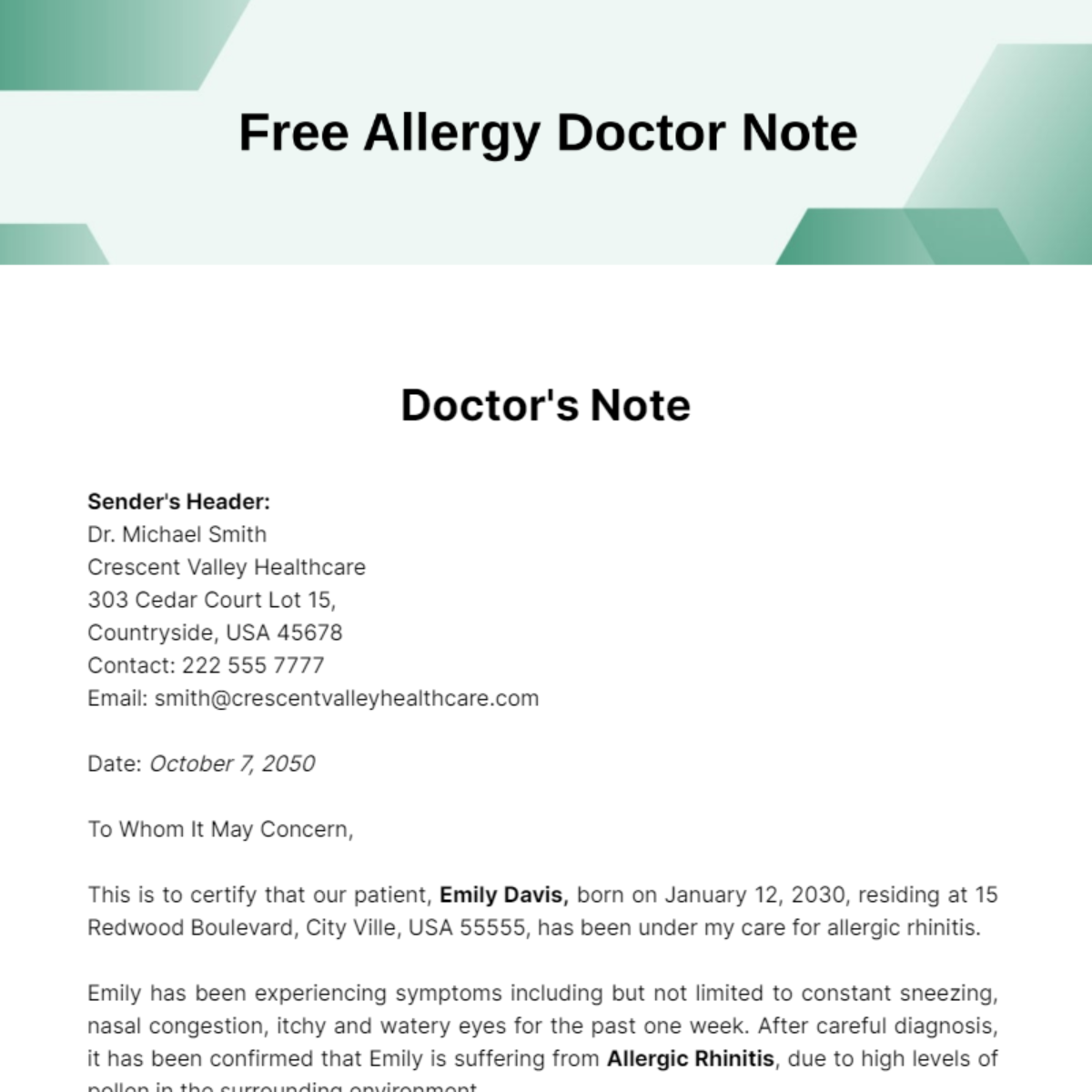 Allergy Doctor Note Template