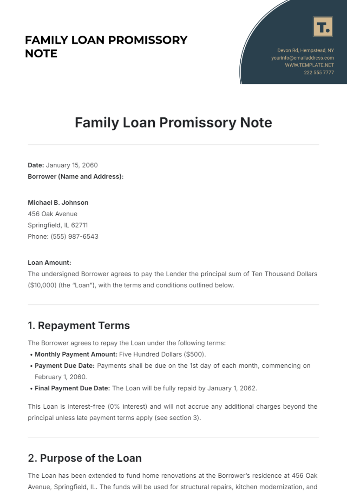 Family Loan Promissory Note Template