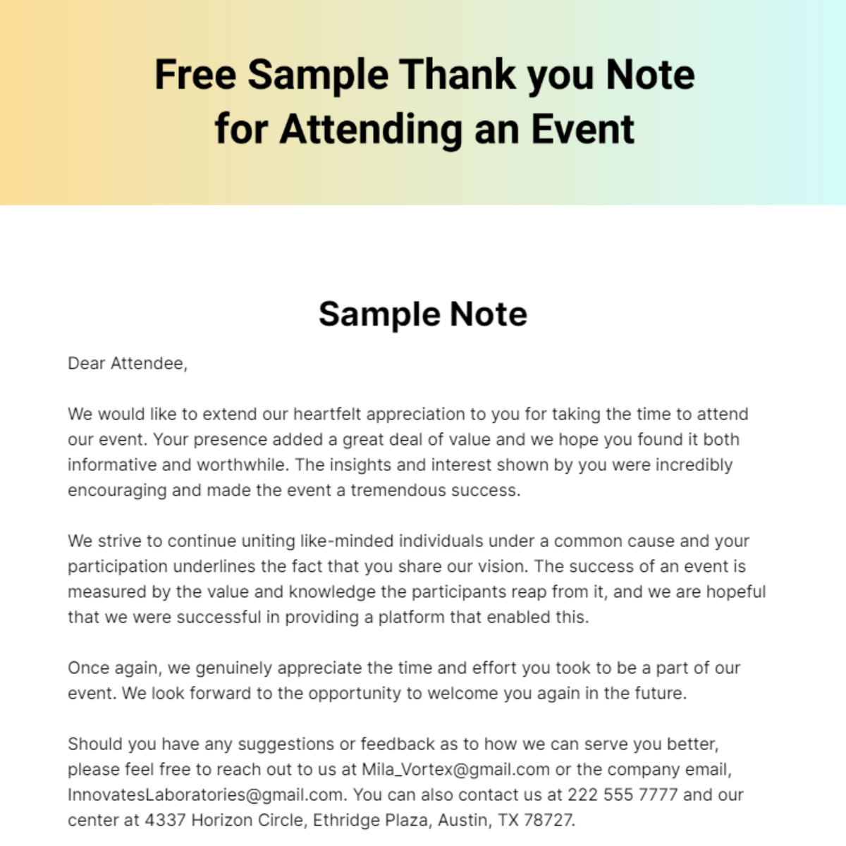 Free Sample Thank you Note for Attending an Event Template