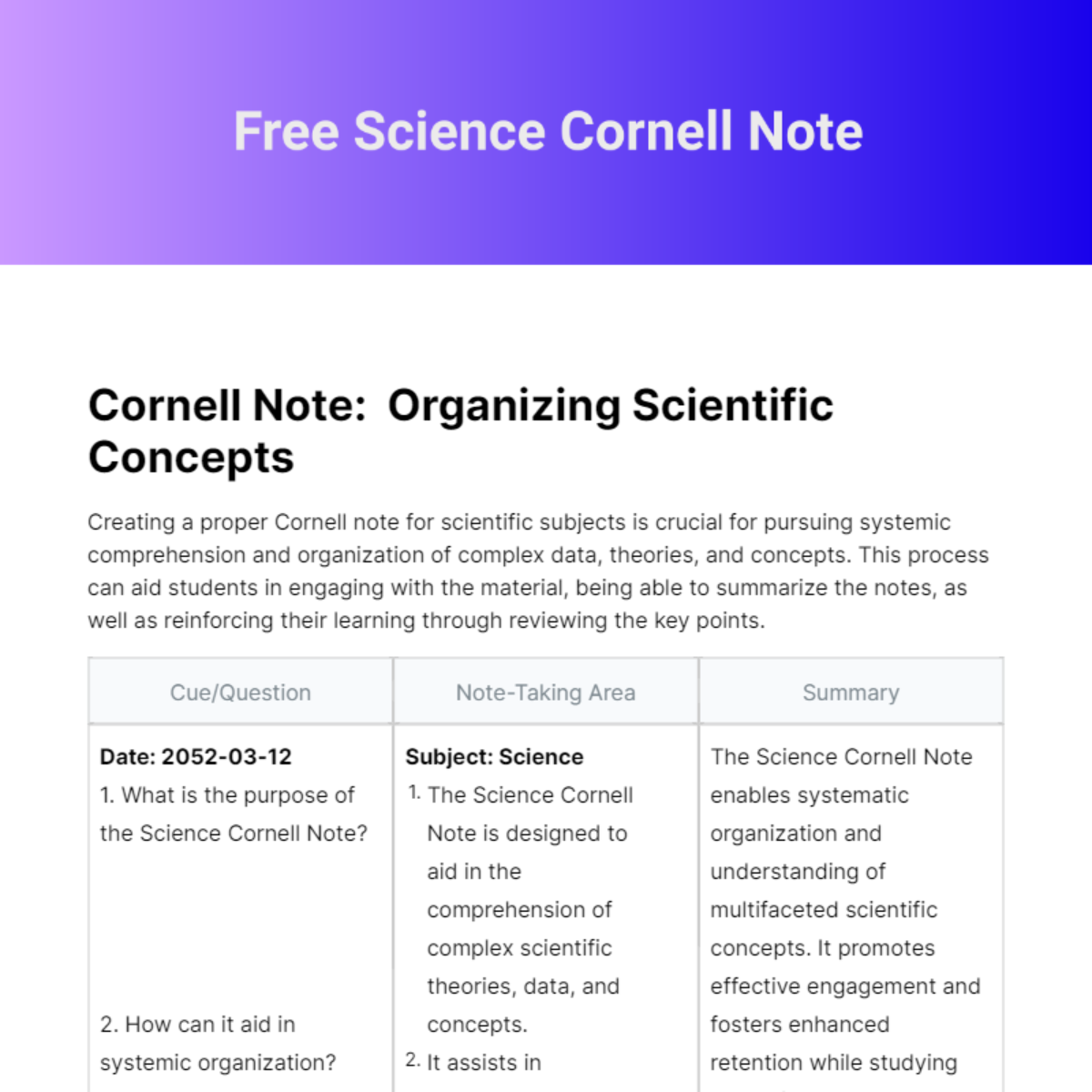 Free Science Cornell Note Template