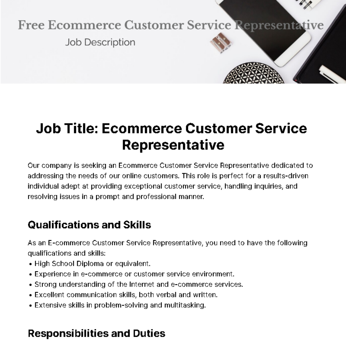 Free Ecommerce Customer Service Job Description Template